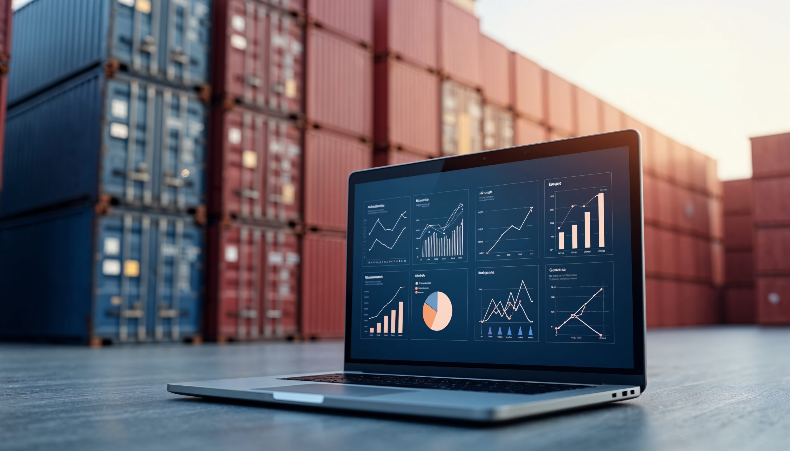 Laptop displaying real-time logistics data dashboard in front of shipping containers in a freight yard