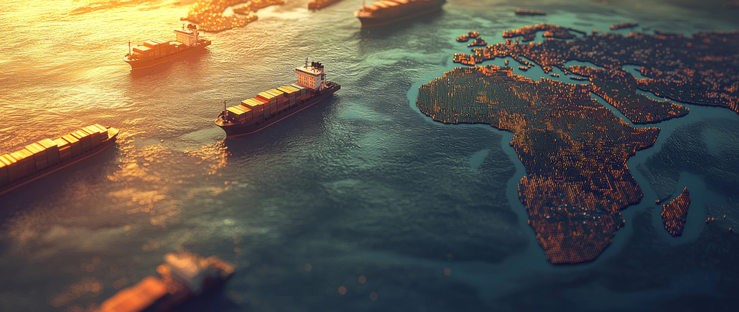 Digital map of Africa with cargo ships, highlighting logistics market expansion, international trade, and supply chain growth across the continent.