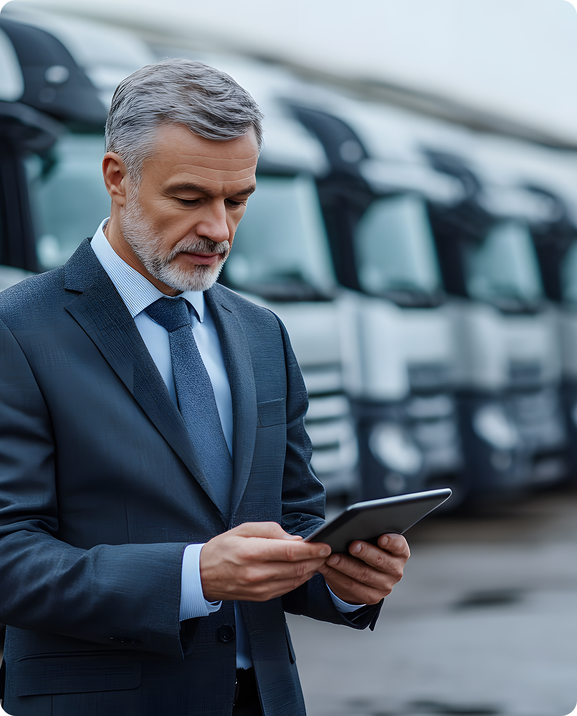 Fleet Management Software Built to Scale | Winfreight A man in a suit using a tablet in front of a fleet of trucks, representing Winfreight's fleet management software built to scale.