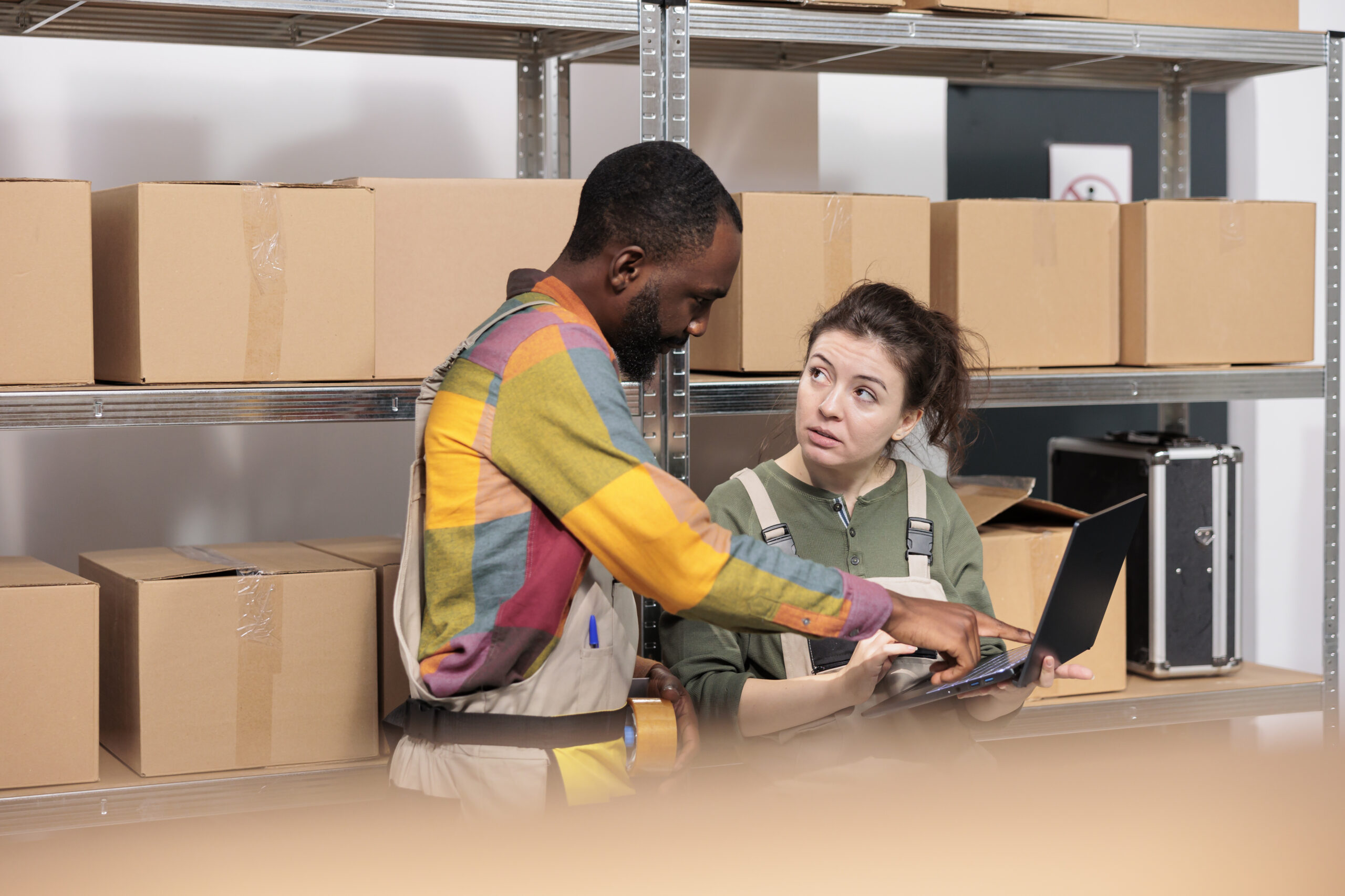 Warehouse manager and colleague review inventory management software reporting and stock visibility data.