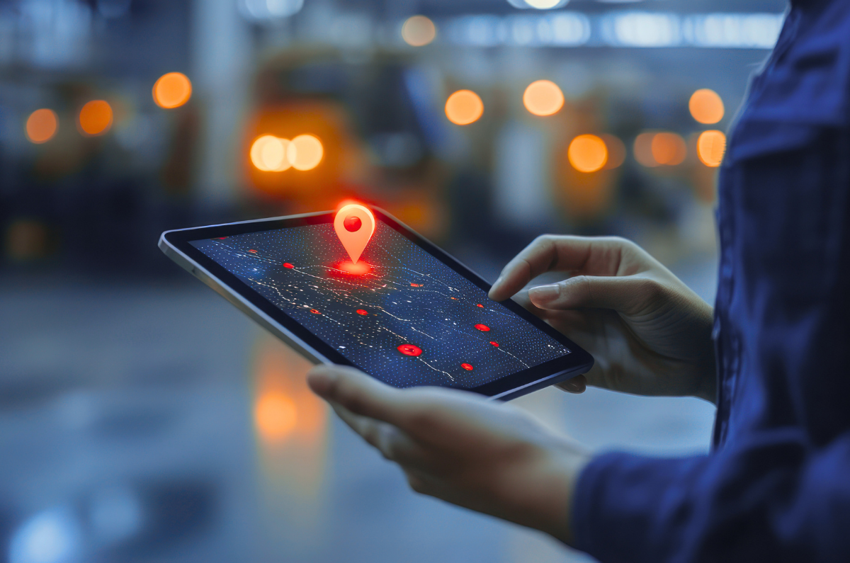 Logistics manager using a tablet to track delivery routes and transport management system performance.